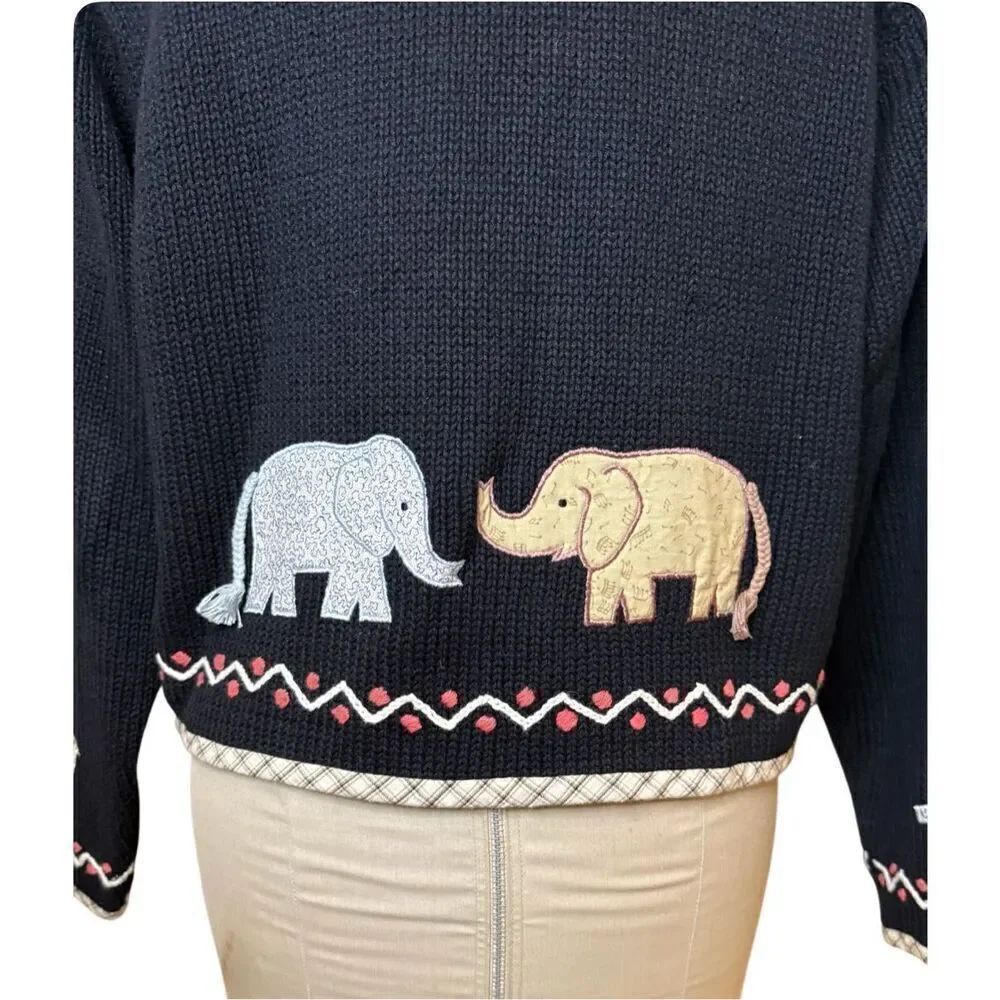 Orvis Cardigan Sz. L Appliqué Flowers & Elephants Vintage Chunky Ramie - Picture 9 of 12